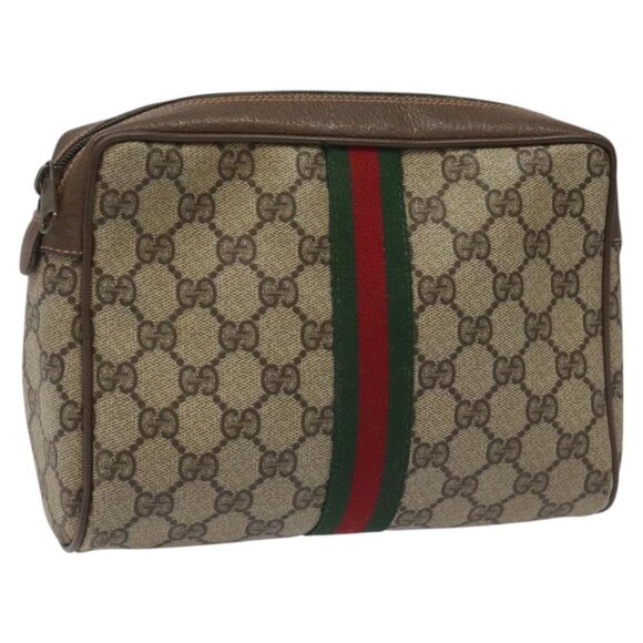 GUCCI GG Supreme Web Sherry Line Clutch Bag PVC Beige Red 89 01 012 Auth th5649 - Picture 1 of 14